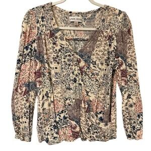 Knox Rose Women's Floral Print Long Sleeve Blouse Boho Smocked Cream Size‎ Small